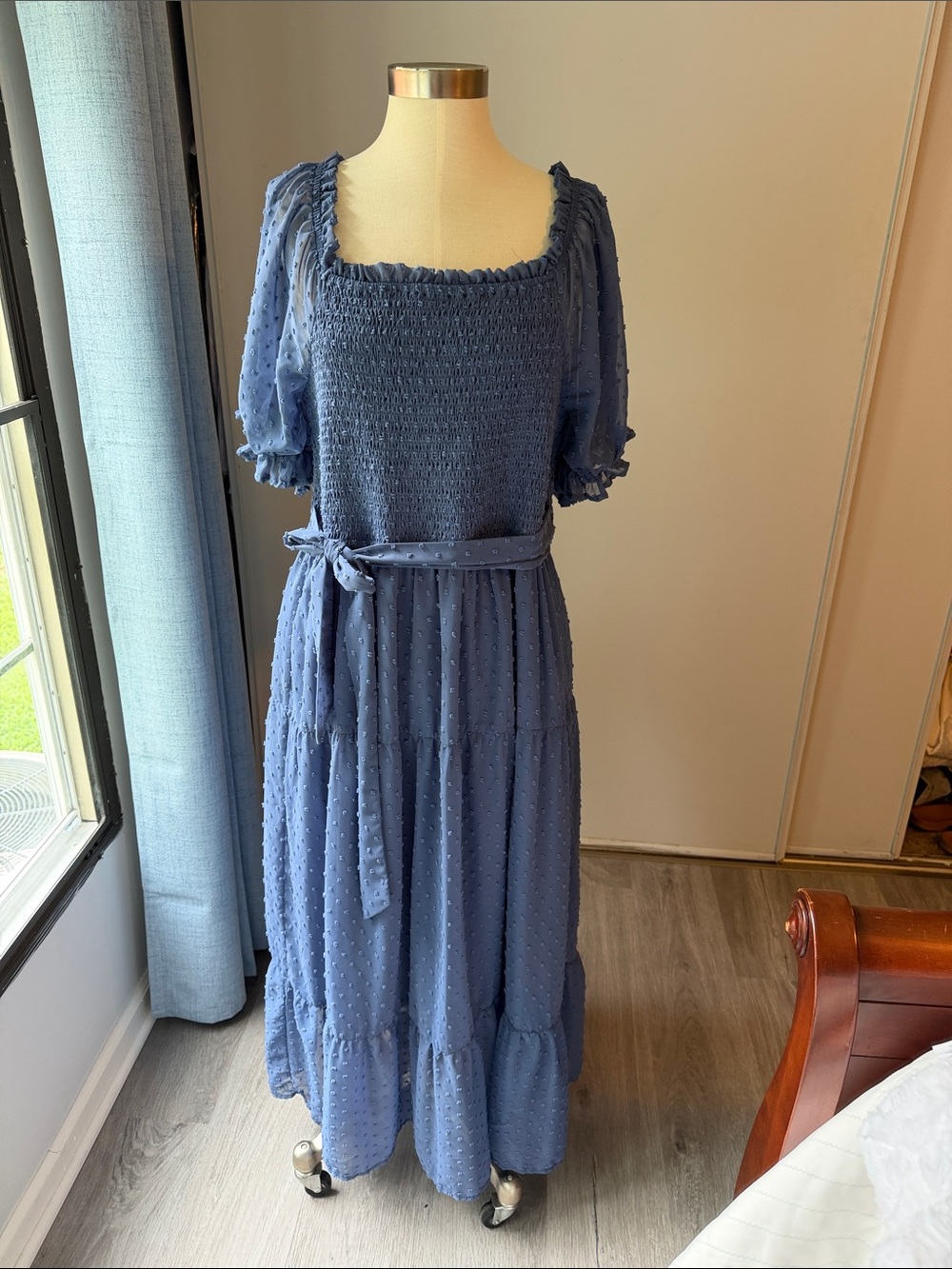 Smocked Square-Neck Maxi Dress in Dusty Blue with Self-Tie Belt XXL